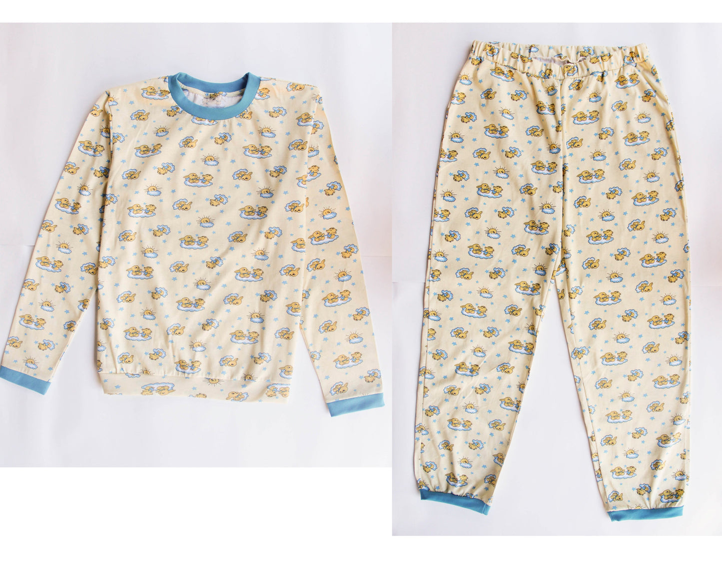 Yellow sleepwear for adults baby. Sleep suit: sweater and pants with elastic