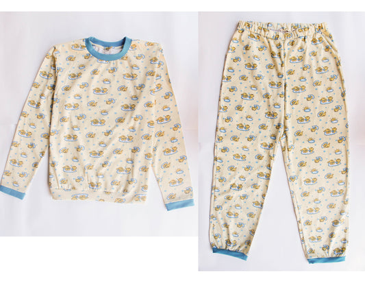 Yellow sleepwear for adults baby. Sleep suit: sweater and pants with elastic