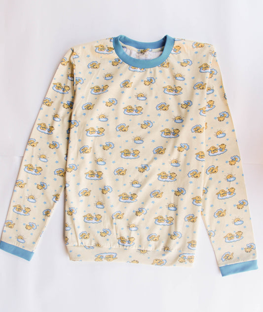 Yellow sleepwear for adults baby. Sleep suit: sweater and pants with elastic