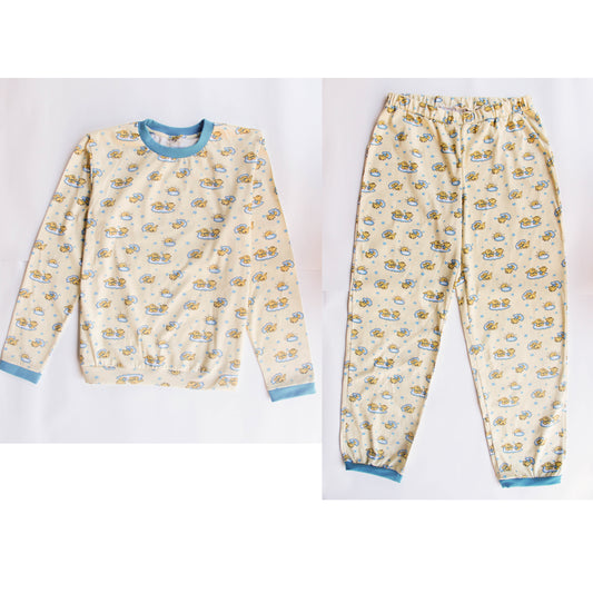 Yellow sleepwear for adults baby. Sleep suit: sweater and pants with elastic