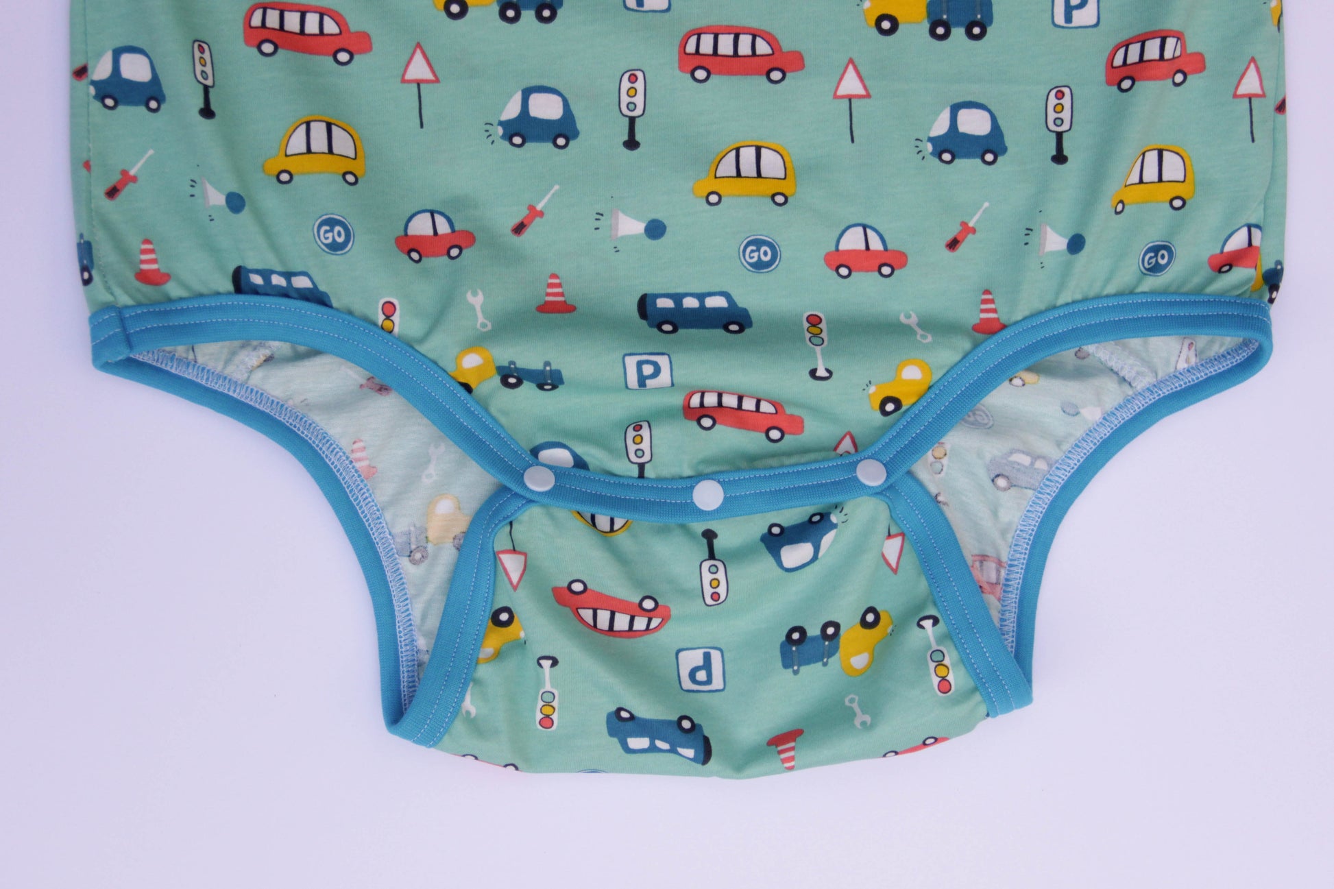 Adult cotton bodysuit cars print showing snap button crotch closure