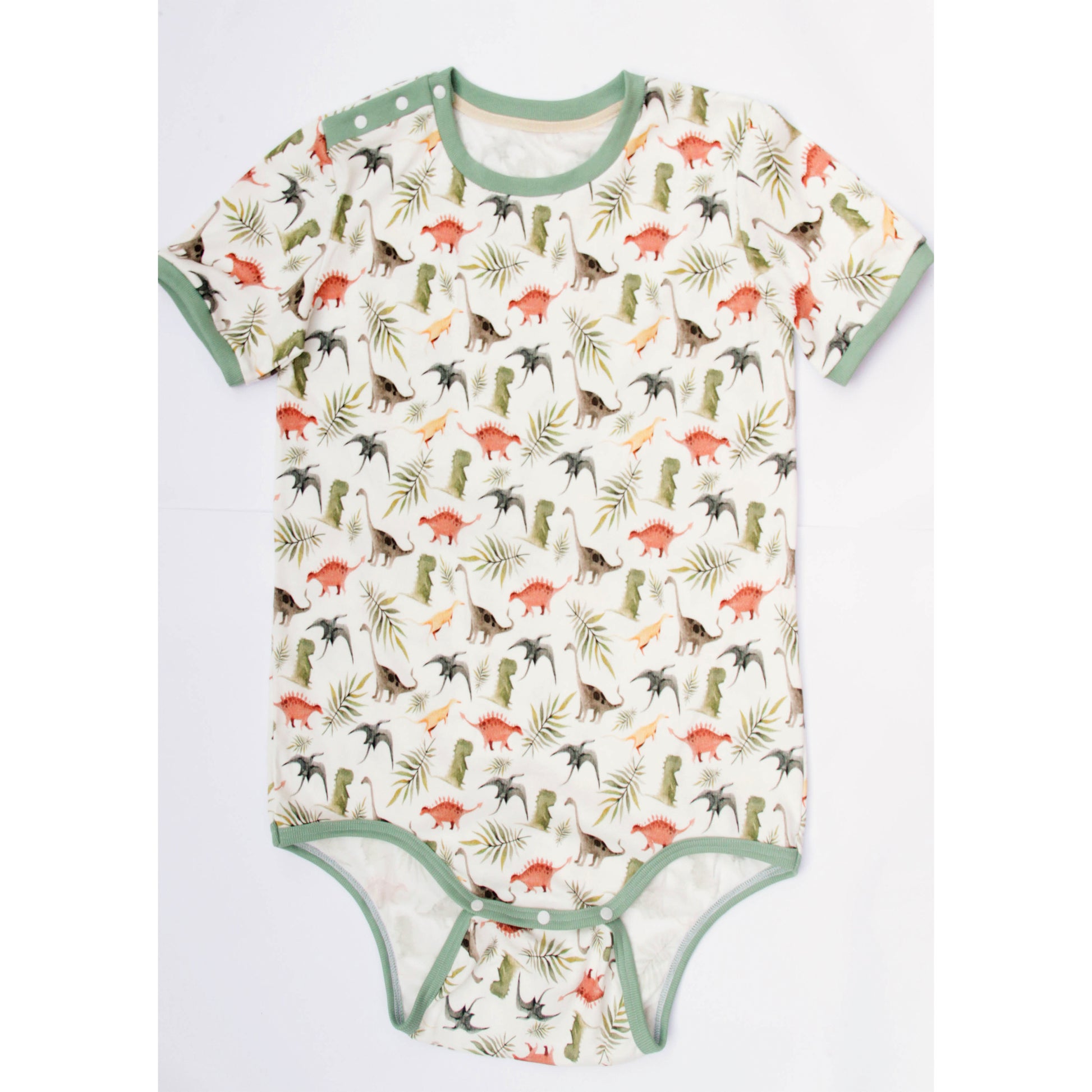 Dino bodysuit for adult baby made of cotton with shoulder closure, ABDL onesie for adults front view