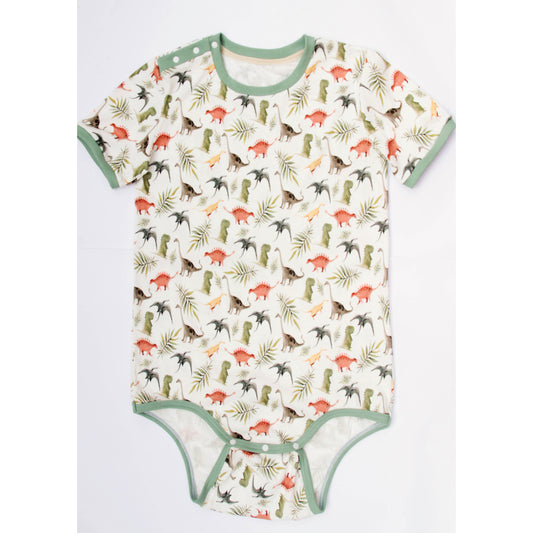Dino bodysuit for adult baby made of cotton with shoulder closure, ABDL onesie for adults front view