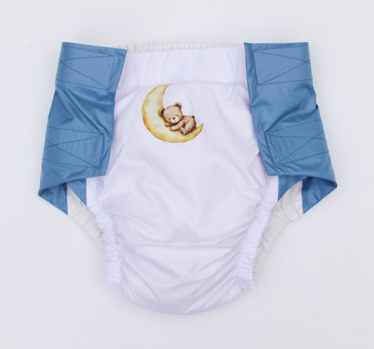 White abdl diaper with teddy bear design on a white background with Removable Insert