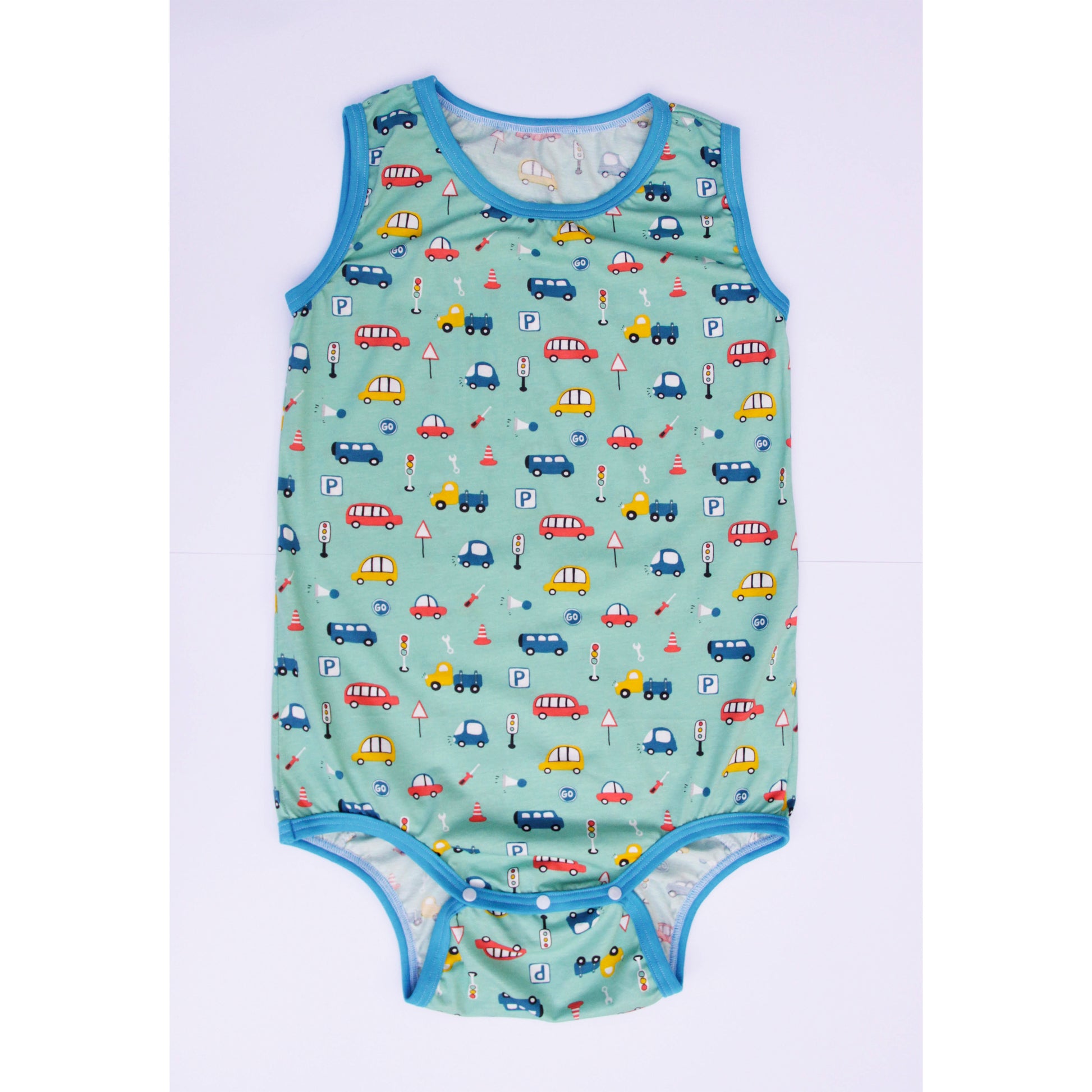 Adult cotton onesie with cars and road signs print ABDL adult baby bodysuit front view