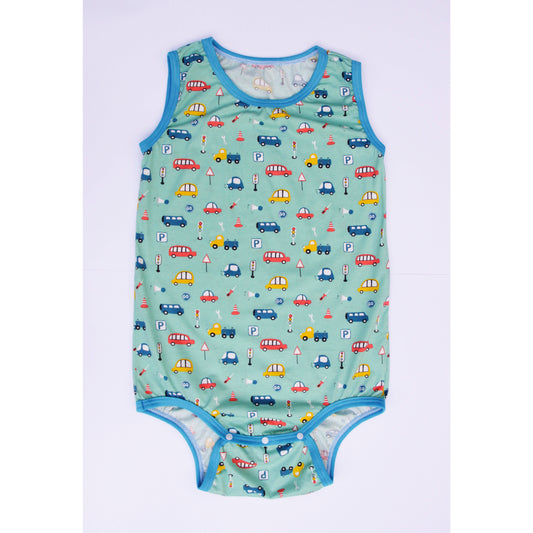 Adult cotton onesie with cars and road signs print ABDL adult baby bodysuit front view
