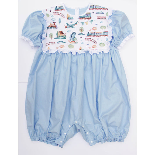 Light blue baby romper with a colorful printed top on a white background