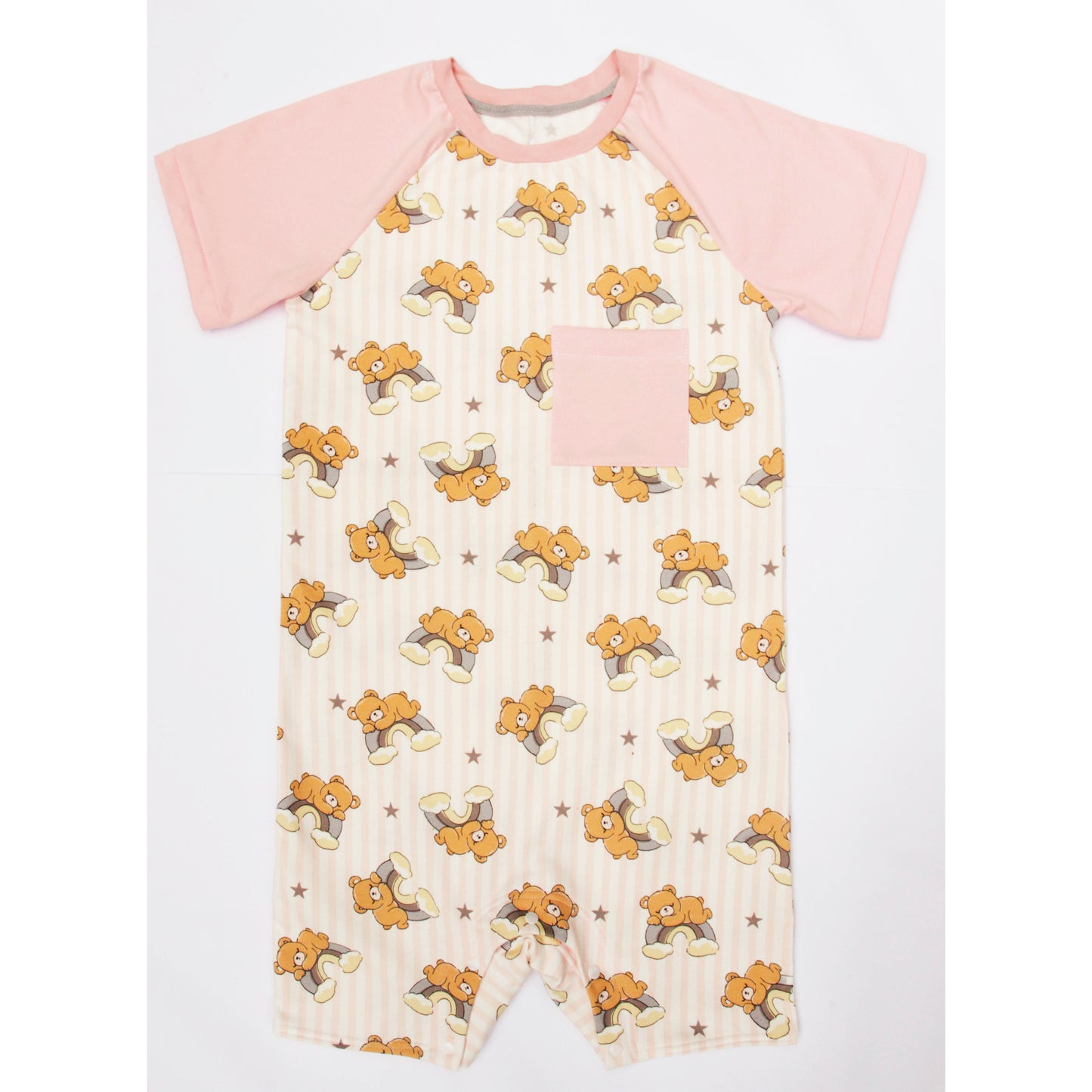 Adult baby romper with bear and rainbow print, soft cotton blend onesie with snap closure, unisex ABDL clothing