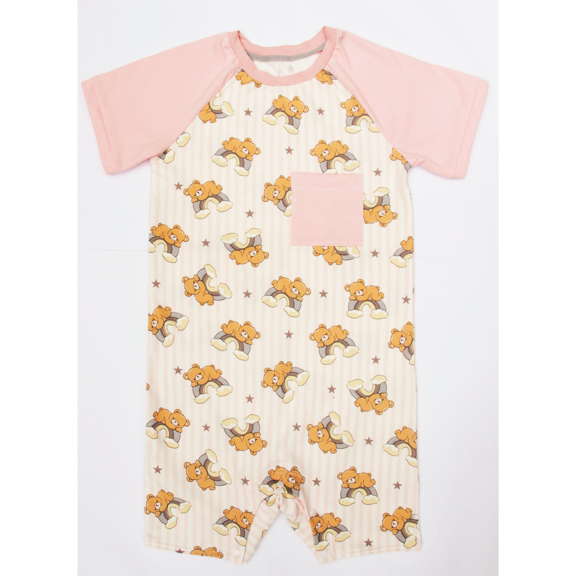Adult baby romper with bear and rainbow print, soft cotton blend onesie with snap closure, unisex ABDL clothing