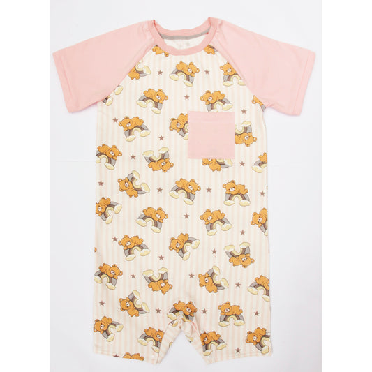Adult baby romper with bear and rainbow print, soft cotton blend onesie with snap closure, unisex ABDL clothing