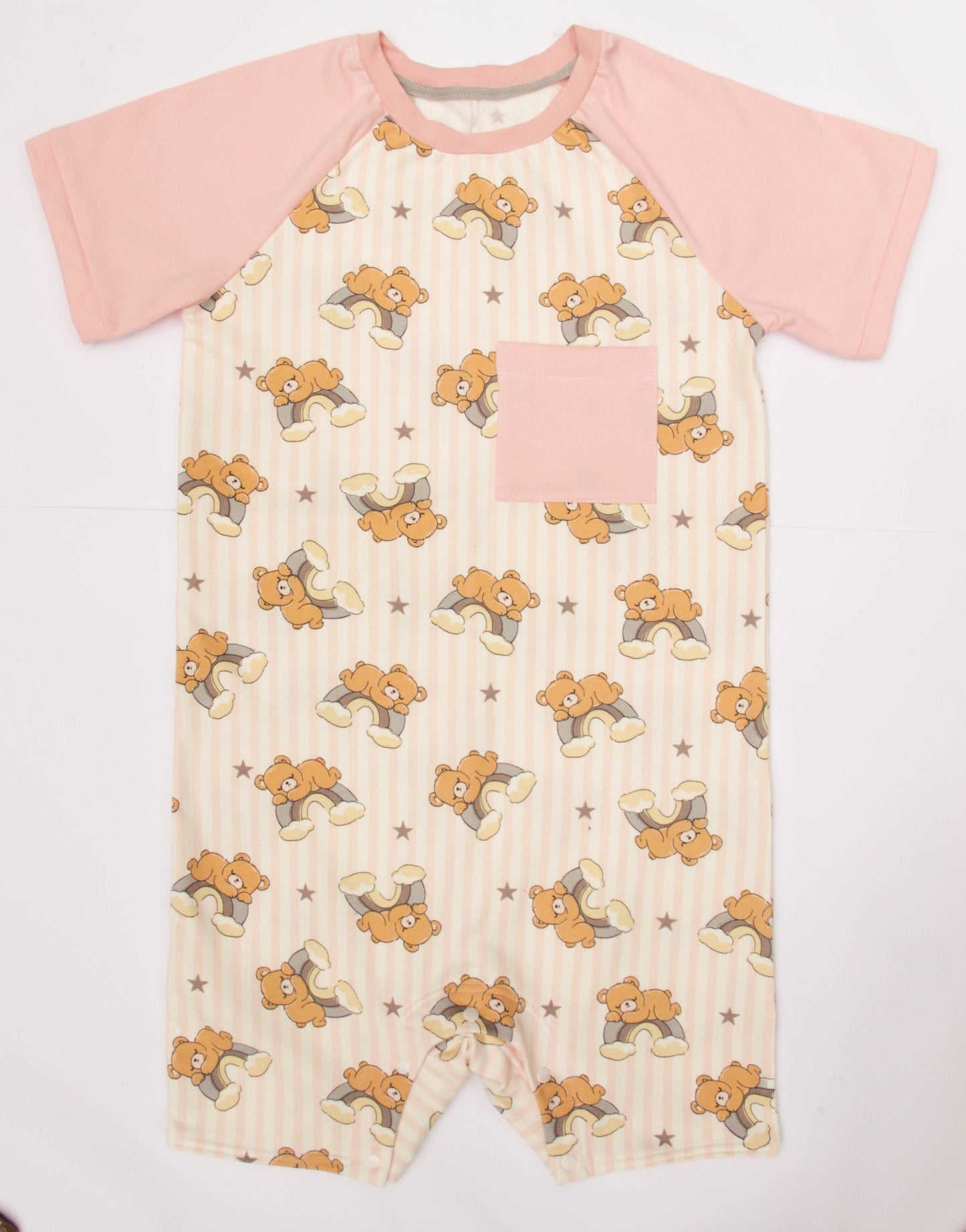 Adult baby romper with bear and rainbow print, soft cotton blend onesie with snap closure, unisex ABDL clothing