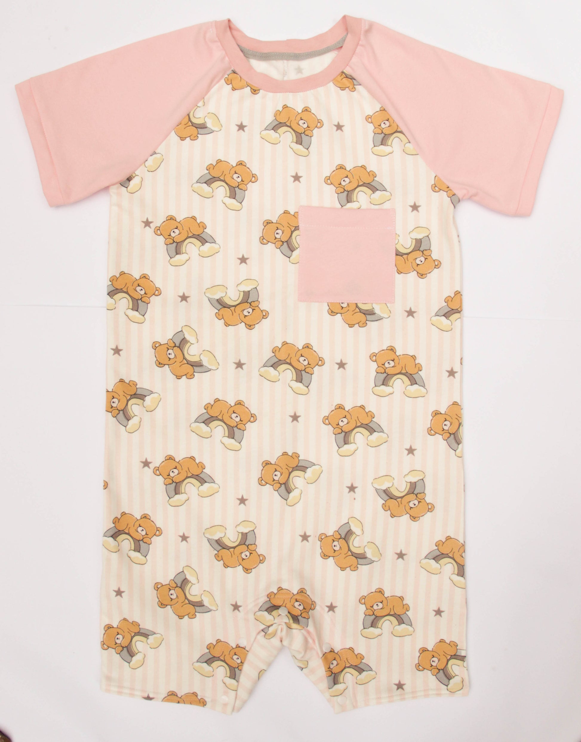 Adult baby romper with bear and rainbow print, soft cotton blend onesie with snap closure, unisex ABDL clothing